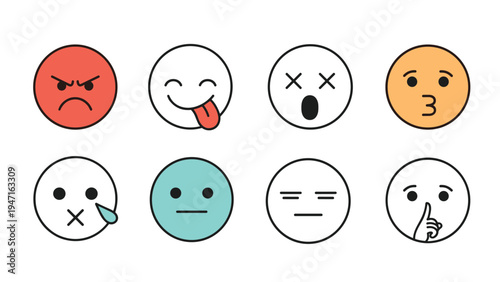 Colorful set of eight different emoji icons displaying various emotions like anger happiness sadness and silence on a white background.