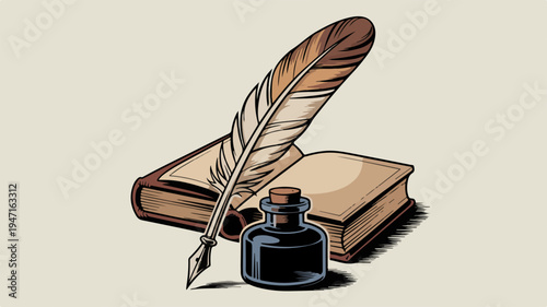 Vintage quill pen inkwell and leather bound book on beige background symbolizing writing literature and education