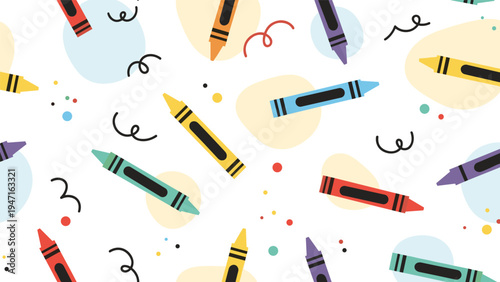 Colorful seamless pattern featuring various wax crayons with whimsical black scribbles and pastel colored spots on a white background.