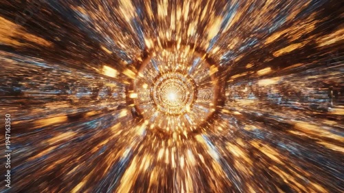 Abstract Golden Light Tunnel with Blue Accents and Motion Blur.