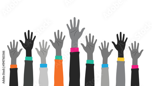 Multiple hands of diverse skin tones raised up together with colorful sleeves representing unity volunteering and collective action.
