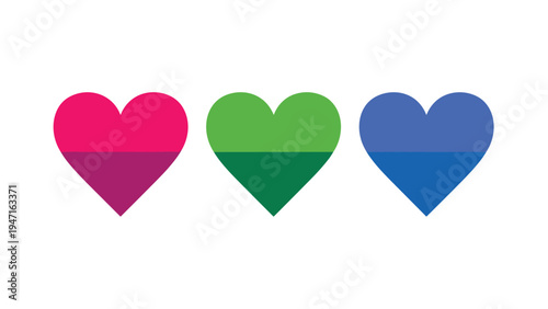 Three hearts with horizontal splits in shades of pink green and blue representing different categories levels or status indicators.
