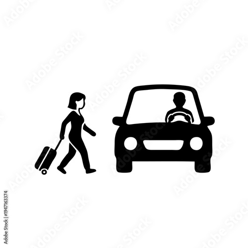 A woman with a suitcase walking towards a car with a driver ready to pick her up