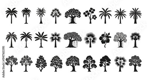 Collection of various black silhouette tree and palm tree icons in different shapes and styles.