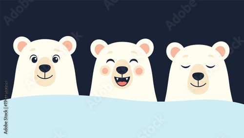 Three cute polar bear characters with different expressions peeking over a snow bank against a dark night sky background.
