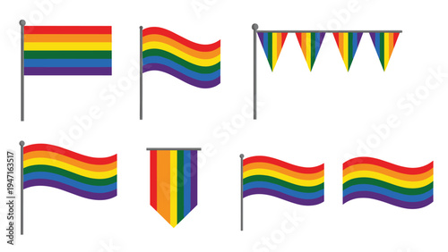 Comprehensive set of rainbow pride flags and banners in various formats including rectangular wavy triangle and pennant.