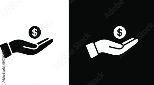Hand Holding Dollar Coin Icon Black and White money currency