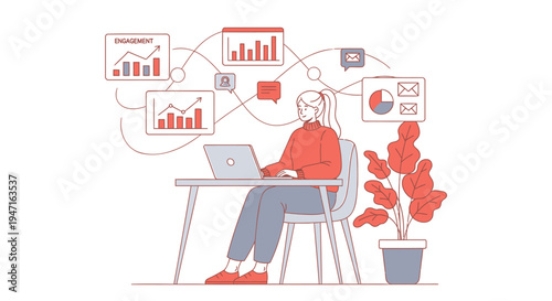 Vector illustration of a person working on laptop with infographic elements