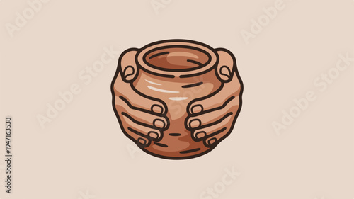 Hands holding a clay pot with handles on a beige background symbolizing care and protection