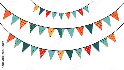 Patterned bunting garlands in muted tones of orange teal and red featuring dots stripes and solid colors in three rows.
