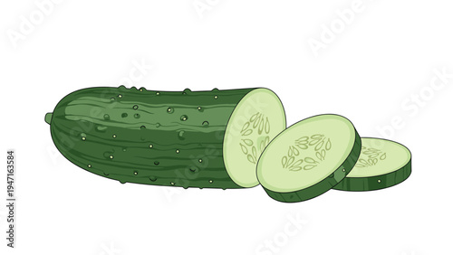 Whole green cucumber with its bumpy texture is shown alongside several thin slices revealing the seeds and light green flesh.