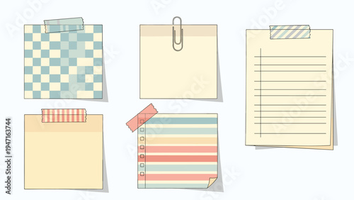 Collection of five colorful sticky notes with various patterns like stripes and checks featuring tape and a paper clip.