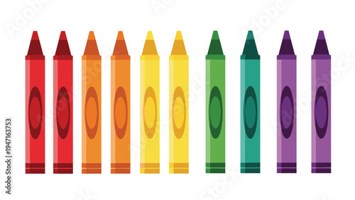Ten wax crayons arranged in a row featuring a spectrum of rainbow colors from red to purple on a white background.