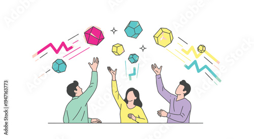Vector illustration of 3 people throwing colorful geometric shapes