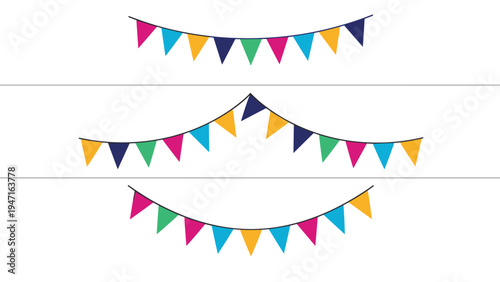 Three rows of festive hanging garlands with colorful triangular party flags in pink blue yellow and green shades.