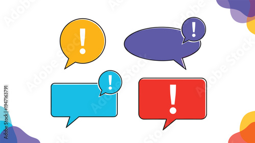Collection of colorful speech bubbles with white exclamation marks used for notifications alerts and message icons.