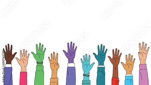 Row of diverse hands raised in the air representing unity cooperation community and inclusivity with various skin tones.