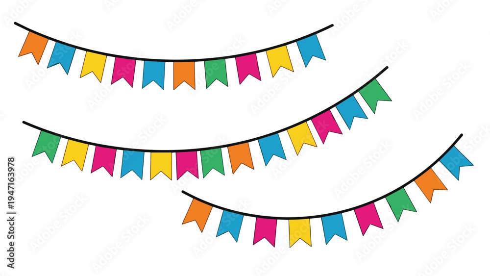 Obraz premium Three strings of colorful triangular bunting flags for festive party decorations and celebration backdrop designs.