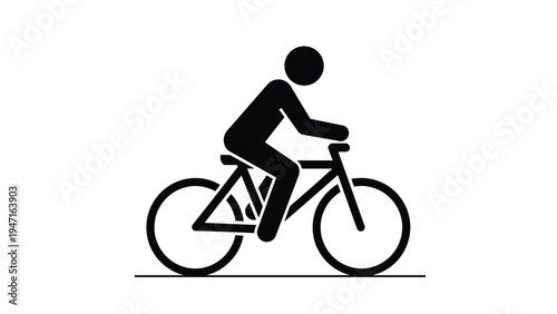 Minimalist black icon of a person riding a bicycle on a straight line represents healthy commuting or recreational cycling.