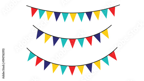 Three strings of festive triangular flags in vibrant colors like red yellow blue and green for party decorations.