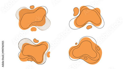 Four abstract orange fluid shapes with outline details creating a modern organic look for branding and graphic design.