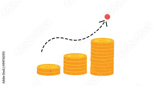 Progress chart showing three stacks of gold coins increasing in height with a dashed line indicating financial growth.