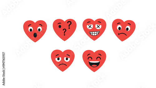 Six red heart characters with diverse cartoon facial expressions showing surprise confusion anger sadness and joy.