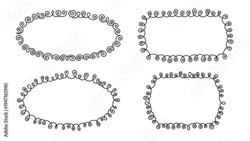 Four hand drawn decorative frames with ornate curly borders in oval and rectangular shapes for elegant text boxes.