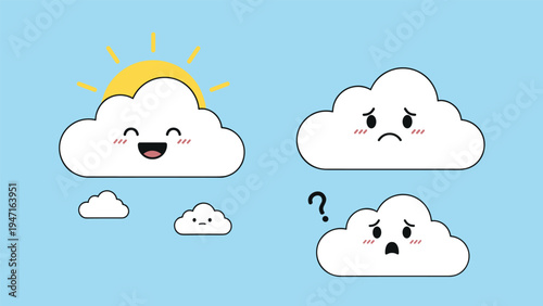 Four cute cloud characters with various facial expressions like happy sad and confused for children themed designs.