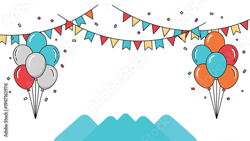 Festive party background with colorful balloon clusters hanging garlands and blue mountains for celebration events.