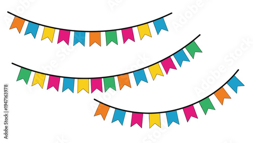 Three strings of colorful triangular bunting flags for festive party decorations and celebration backdrop designs.