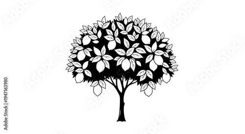 Black and white silhouette of a tree with dense foliage and visible branches.