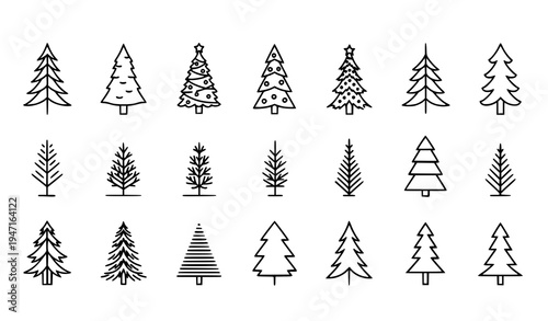 Fir, pine, and Christmas tree vector icon pack with evergreen line art EPS 10