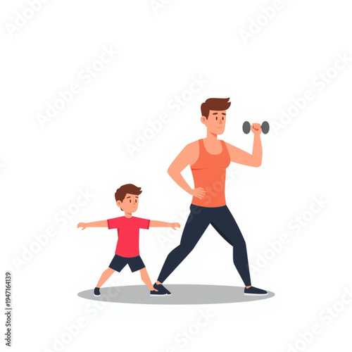 Father and son doing fitness exercises together with dumbbells and stretching Vector, illustration