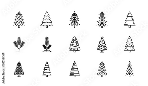 Pine and fir tree vector icon set with Christmas tree and evergreen tree illustrations EPS 10