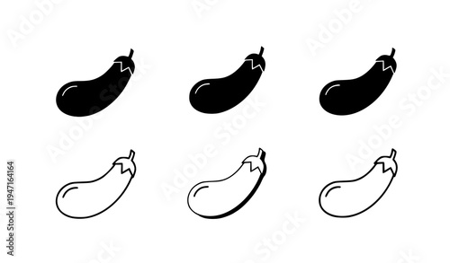 Brinjal vegetable icon bundle with flat black, paper cutout, and line art eggplant vector designs
