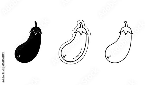 Simple brinjal vector icon set with flat black, paper cut, and line art eggplant illustrations
