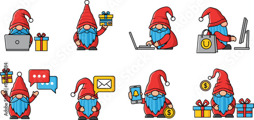 Christmas Gnome Character Set with Laptop, Shopping Bag, Gifts, Messaging and Online Payment Holiday Cartoon Vector Illustration