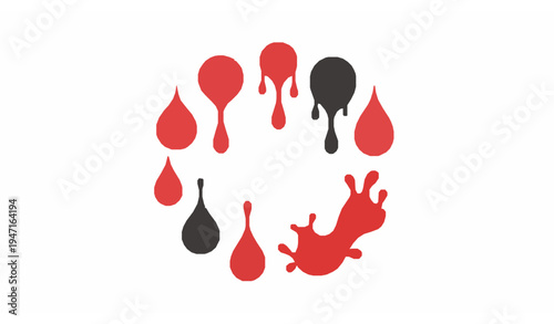 Red and black 3D liquid droplet icon set with splash and glossy vector bundle