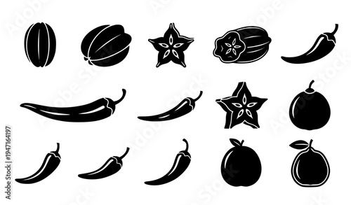 Carambola star fruit and chili pepper silhouette icon pack tropical food vector illustration