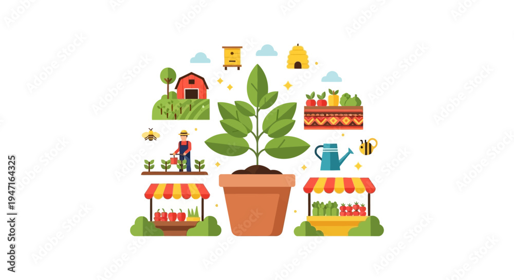 Naklejka premium Flat Design Agriculture Concept Illustration with Potted Plant, Farmer, Harvest, Organic Food Production, and Local Market Stalls.