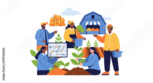 Sustainable Agriculture Teamwork: Diverse Farmers Using Smart Technology to Plan and Cultivate Crops on a Modern Farm.