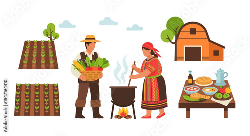 Farm-to-Table Traditional Cooking Vector Set. Farmers Harvesting Vegetables, Preparing Meal Outdoors, Barn & Crop Fields Isolated.