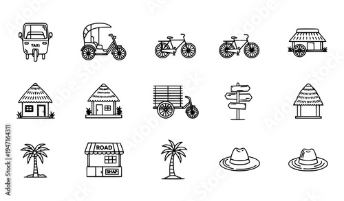 Asian village transportation outline icon pack with auto rickshaw cycle rickshaw and rural travel symbols