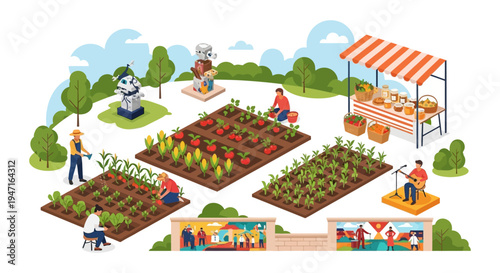 Urban Community Garden Isometric Scene: Farming, Local Produce Market, Technology, and Leisure Activities