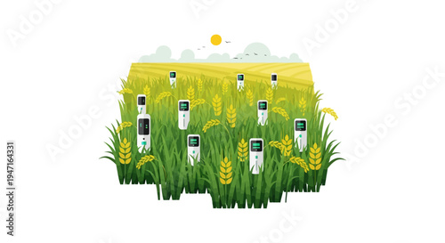 Smart Farming Technology and Agriculture Sensors in Wheat Field. Precision IoT Monitoring for Modern Crop Management.