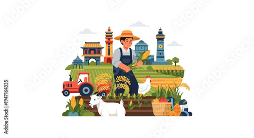 Flat Vector Illustration of Farmer Harvesting Corn and Rice in an Asian Rural Landscape with Traditional Buildings and Farm Animals