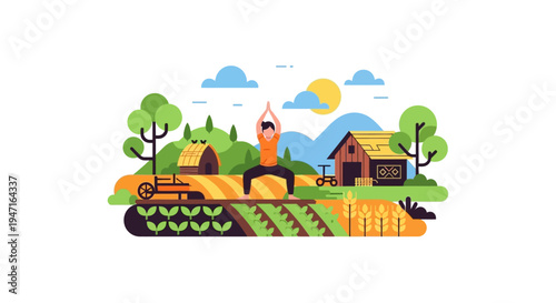 Rural Wellness Yoga Illustration. Woman practicing balance in a farm field with crops, barn, and hills under the sun. Flat vector design for health and nature.