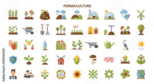 Permaculture Flat Design Icon Set. Sustainable Agriculture, Organic Farming, and Ecosystem Management Symbols.