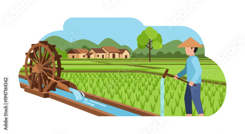 Asian Farmer Irrigating Rice Paddy Field with Traditional Wooden Water Wheel (Noria). Sustainable Agriculture and Rural Village Life Vector.